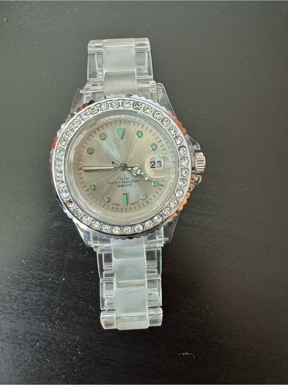 Clear Acrylic Resin Rhinestone Bezel Silver Dial Watch Magnified Date Window